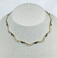 Vintage Enameled Wave Bar Necklace White Black Gold Tone Links 14" Jewelry
