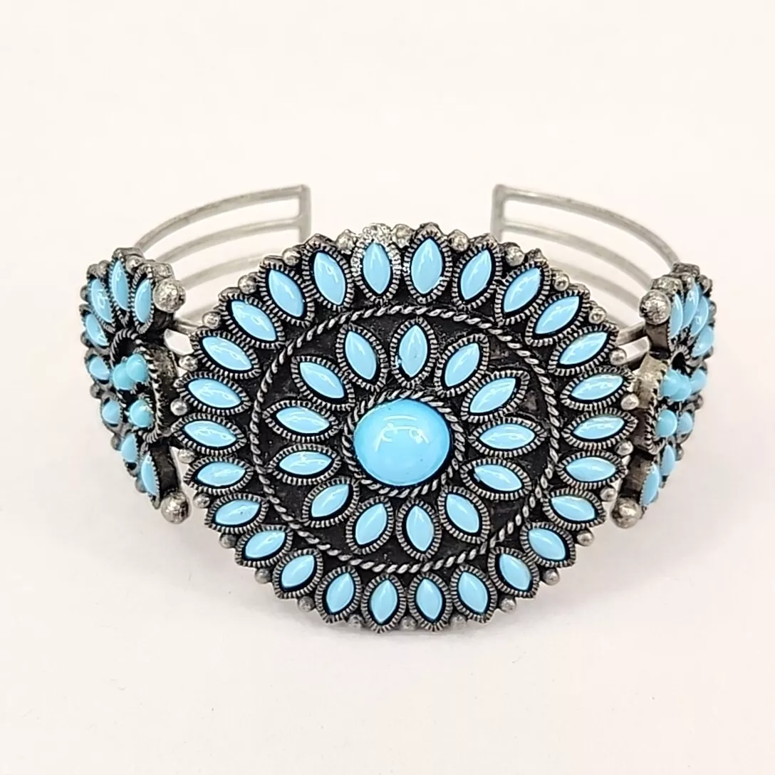 Avon Cuff Bracelet Wide Faux Turquoise Petit Point Silver Tone Jewelry
