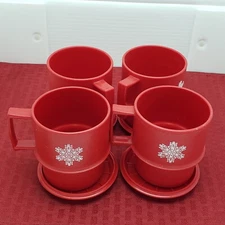 Tupperware Red 10 oz Coffee Mugs Cups with Handles and Coasters Vintage