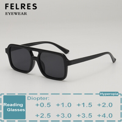 Unisex Square Tinted Reading Glasses Fashion Double Bridge Presbyopic Sunglasses