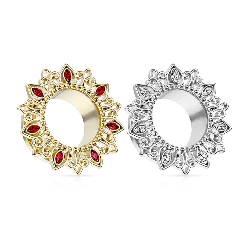 Plug Tunnel Espansore D'Orecchio In Acciaio E Zirconio - Fiore Di Loto Tribale - Immagine 2 di 4