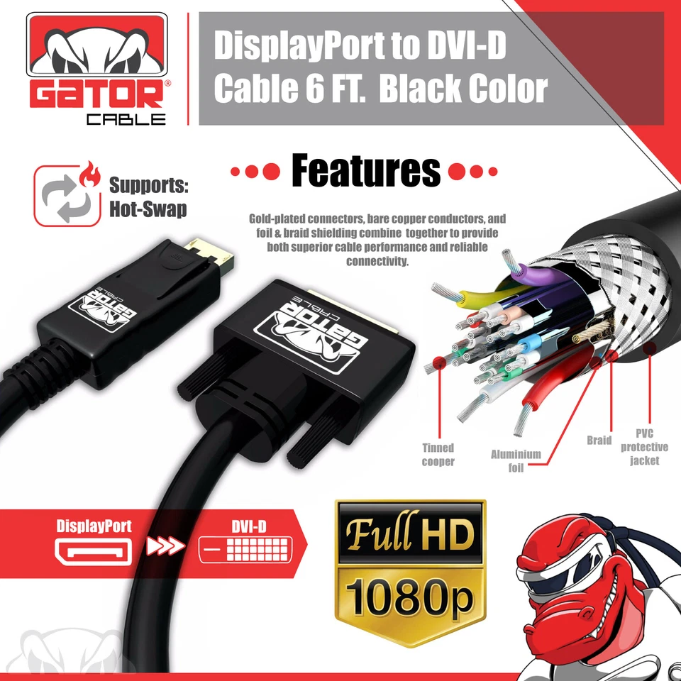 Adaptador de cable de video DisplayPort a DVI-D 24+1 de doble enlace 1080P HD enchapado en oro PC Foto 4 de 4