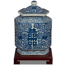 US Seller - Blue and White Double Happiness Porcelain Chinese Tea Jar