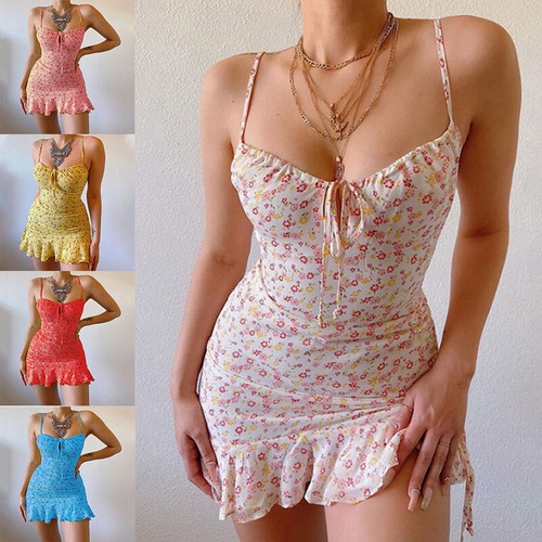 Women Strappy Ruffle Mini Dress Summer 
