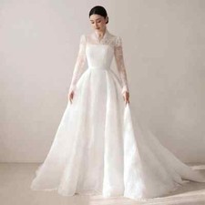 Elegant A Line Bridal Gowns High Collar Long Sleeve Sash Lace Wedding Dress