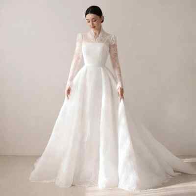 Elegant A Line Bridal Gowns High Collar Long Sleeve Sash Lace Wedding Dress  | eBay