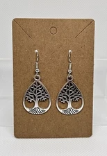 Silver Tone Teardrop Shape Tree Of Life Earrings NEW