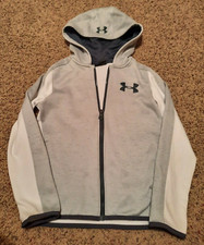 Under armour youth small hooded zippered jacket in light gray and cream