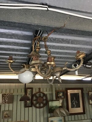X2 Matching Pair Old Brass Light Fittings 3 Globe Holder Each