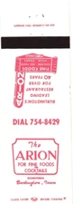 Burlington Iowa The Arion For Fine Foods and Cocktails Vintage Matchbook Cover