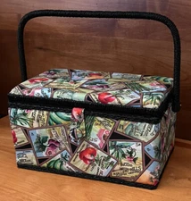 Dritz Sewing Basket with Removable Tray-Vintage Gardener Bright Seed Pack Design