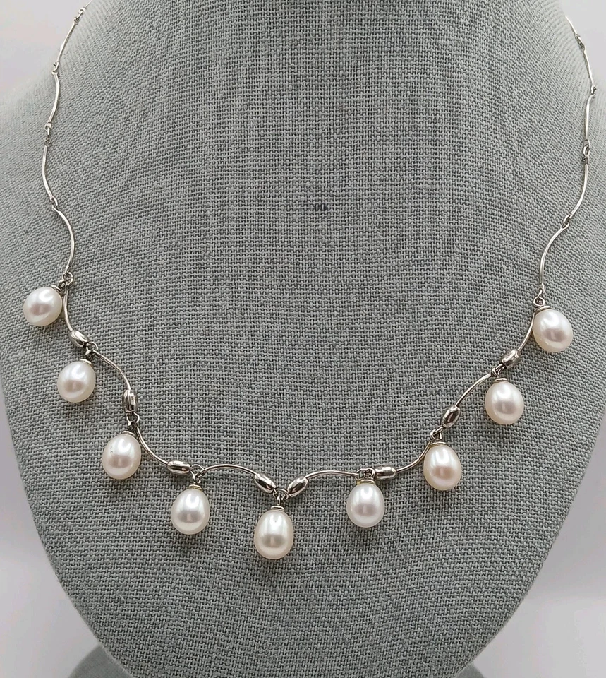 Collar colgante vintage de plata de ley 925 con cadena de eslabones de barra de 8 mm de perlas de 18" Foto 2 de 4