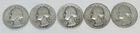 Five 90% Silver Washington Quarters 1935-S, 1941, 1942-S, 1943, 1945-S- NR!