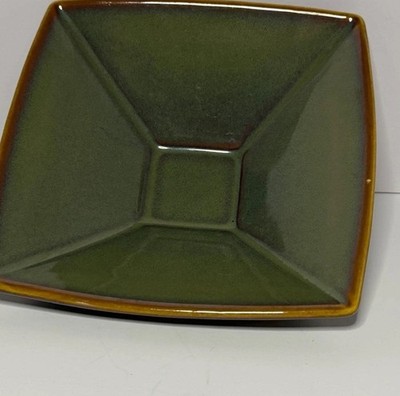 Mid Century Mod Studio Pottery Bowl Square Pedestal Green Amber Glaze Signed DDA