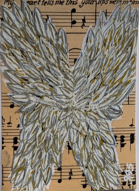 ACEO Art Card Original, Sheet Music, Angel Wings, Acrylic,  ,Outsider , Brut Art