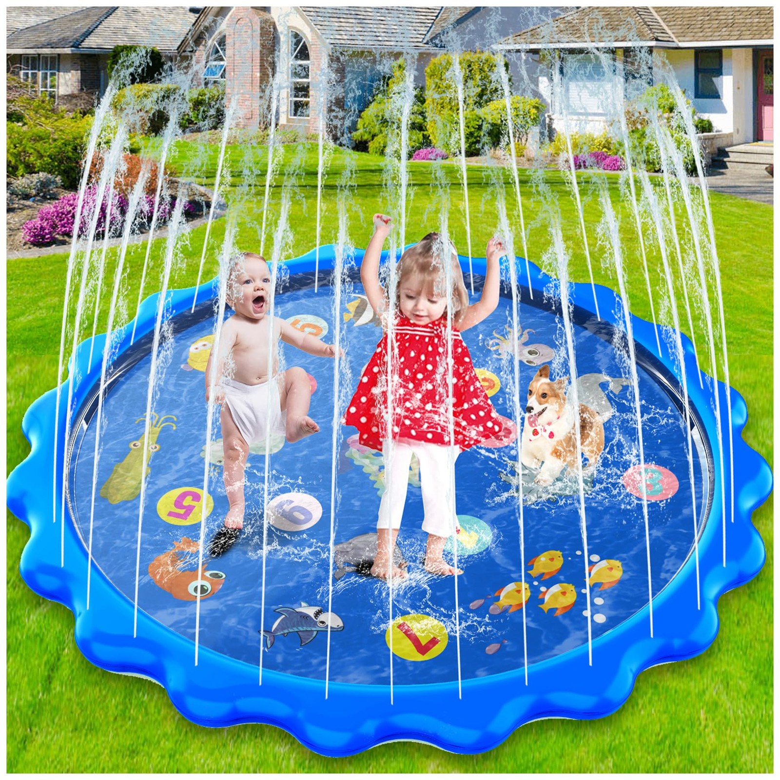 Toddler Toys - Splash Pad, 68""/170cm Sprinkler & Play 170*170cm, Blue