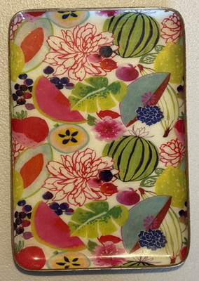 Enamel On Copper Floral & Fruit Print Trinket Dish Catchall Keepsake Ring Tray
