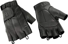 Hugger Fingerless Black Leather Gloves w/Gel Padded Palms - Driving, Motorcyc...