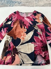 Chico's 3 Sz XL Round Neck Floral 3/4 Sleeve Front Loop Gather Poly Knit Top E53