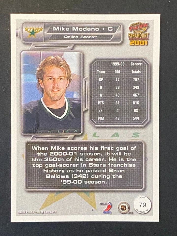 Mike Modano 2000-01 Pacific Paramount 2001 #79 Dallas Stars - Image 2 of 2