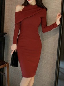 Elegante vestito abito rosso spalle tubino slim maniche lunghe slim 3180 |  eBay