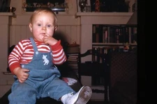 Kodak 35mm Slide 1950s Red Border Kodachrome Chubby Blonde Baby in Overalls