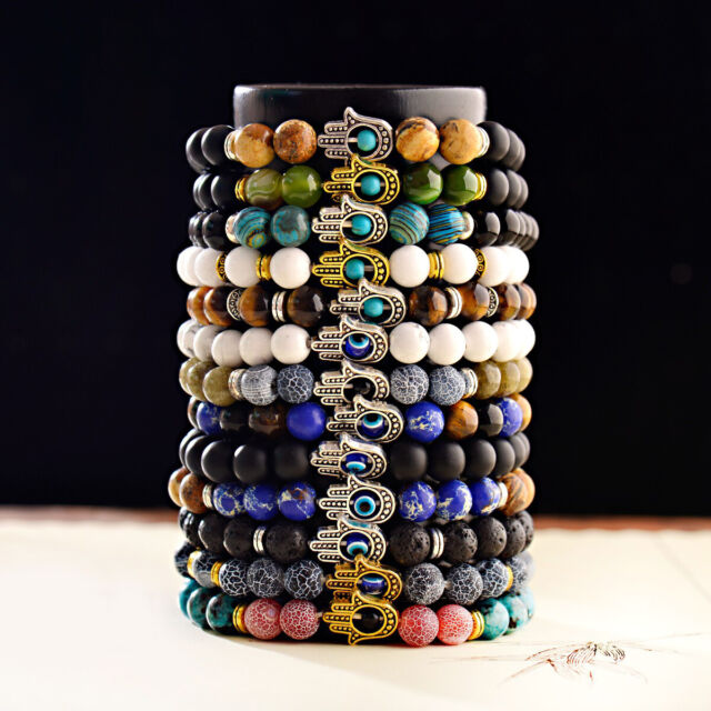 Man Hamsa Hand of Fatima Natural Lava Stone Gold Silver Beads Man Lucky Bracelet Man Hamsa Hand of Fatima Natural Lava Stone Gold Silver Beads Man Lucky Bracelet