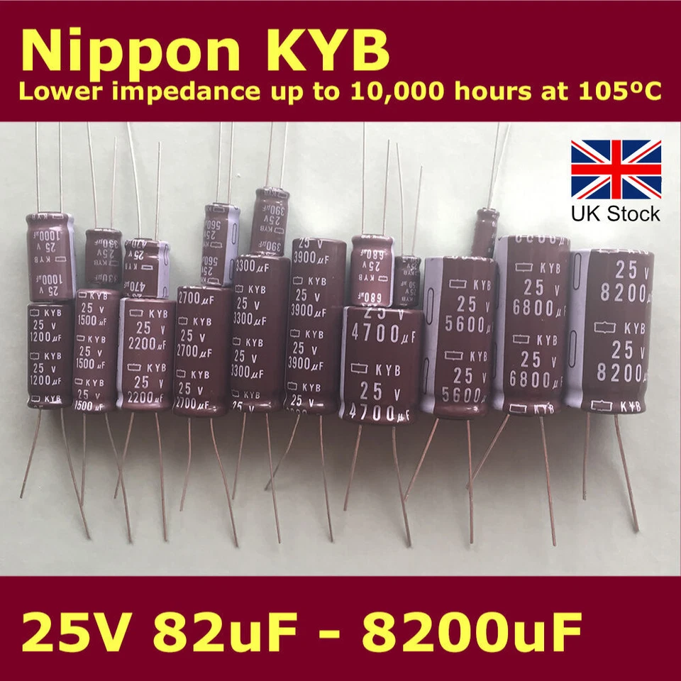 Nippon KYB Capacitors 25V Low Impedance 82uF-8200uF up to 10,000 hours at 105C