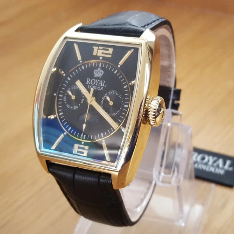 Mens Black Leather Royal London Classic Gold Tonneau Moonphase Watch GREAT GIFT - image 3 of 4
