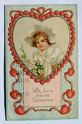 Old embossed postcard WITH LOVE FROM THY VALENTINE girl, flowers, hearts, 1909