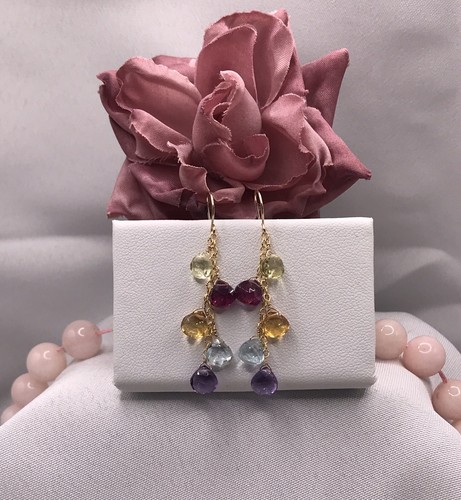 14k Multi Gemstone Earrings Briolette Citrine Garnet Topaz Handmade - Picture 3 of 8