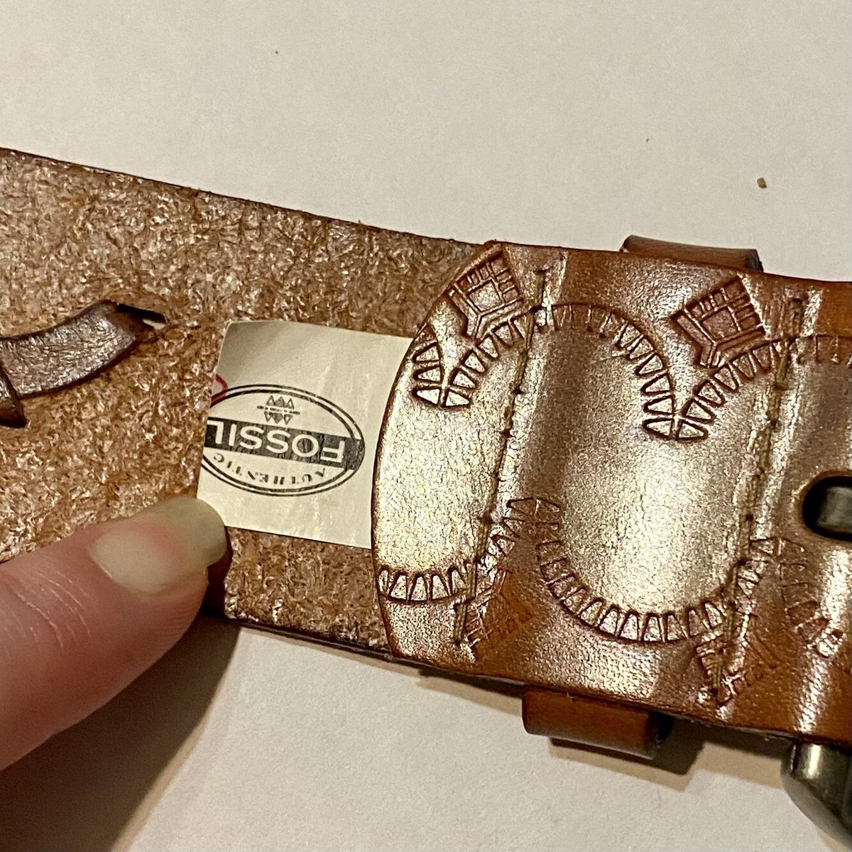 Vintage FOSSIL Leather Belt Studded Patterned Brown Leather 