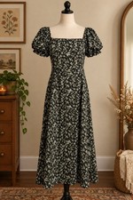 Francescas Black Ivory Floral Smocked Square Neck Puff Sleeve Slit Dress Large