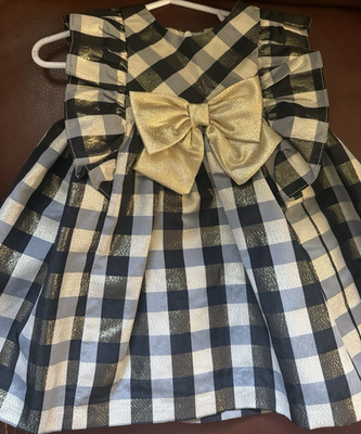 Nicole A-Line Plaid Dress 12M Black White Gold Sleeveless Bow Ruffle Lined