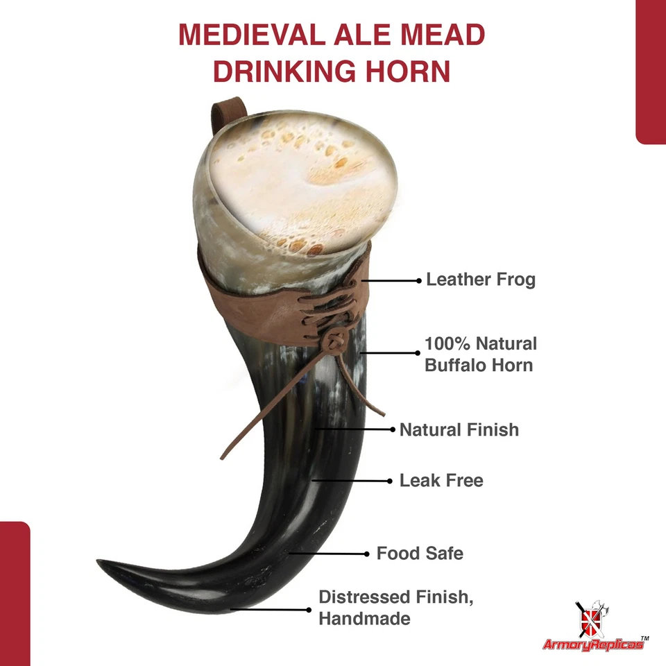XL Viking 饮用喇叭 23 英寸带棕色皮革腰带青蛙 1400 毫升中世纪角杯 — 第 3/4 张图片