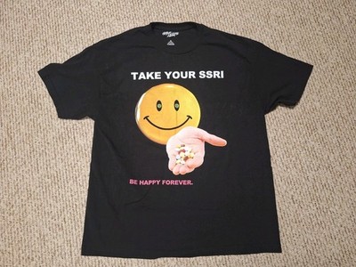 Be Happy Forever Shirt XL Drug Humor Antidepressant SSRI 00s Grunge Smiley Face