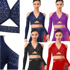 Women Crop Top Stage Dancewear Deep V-Neck Costume Latin Rhinestones Dance Jazz