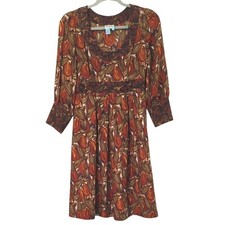 Silk Wool Dress Leaf Print Empire Waist Dress Orange size 2 Anthropologie