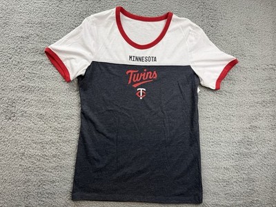 Minnesota Twins Shirt Womens Medium White Gray MLB Baseball Ringer Script Tee