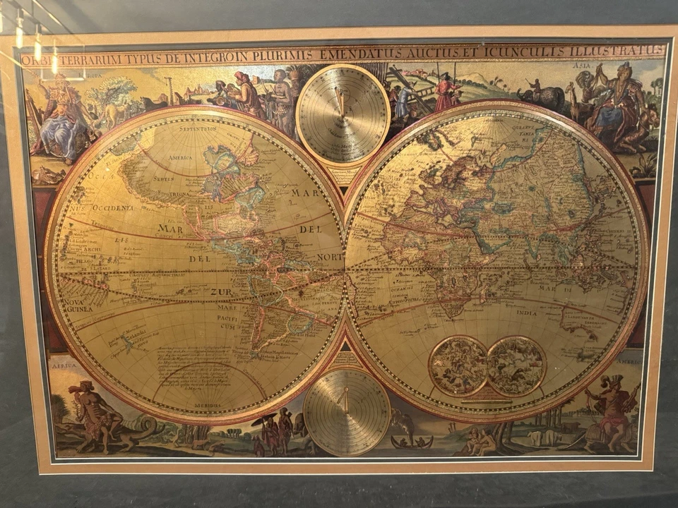 Vintage Bombay Company Double Hemisphere World Map Framed Large - Image 2 of 4