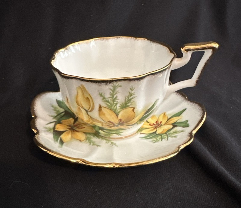 Vtg Salisbury Bone China Teacup/Saucer Set “Golden Lotus” Design With Gold Trim 