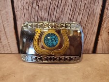 Vintage 1980s Turquoise Western Double Horse Shoe Southwest Cowgirl Belt Buckle