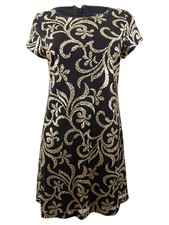 Kensie Women's Sequined Scroll T-Shirt Dress (4, Black/Gold)