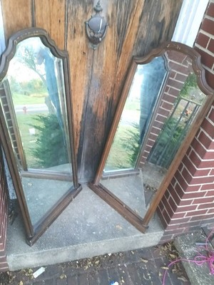 SET of TWO VTG RARE BEVELED GLASS 47X20'' MID CENT wood frame MIRRORS 