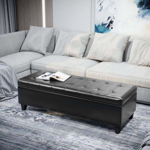 New Black Faux Leather Tufted Storage Bench Ottoman Seat with Lid 47"
