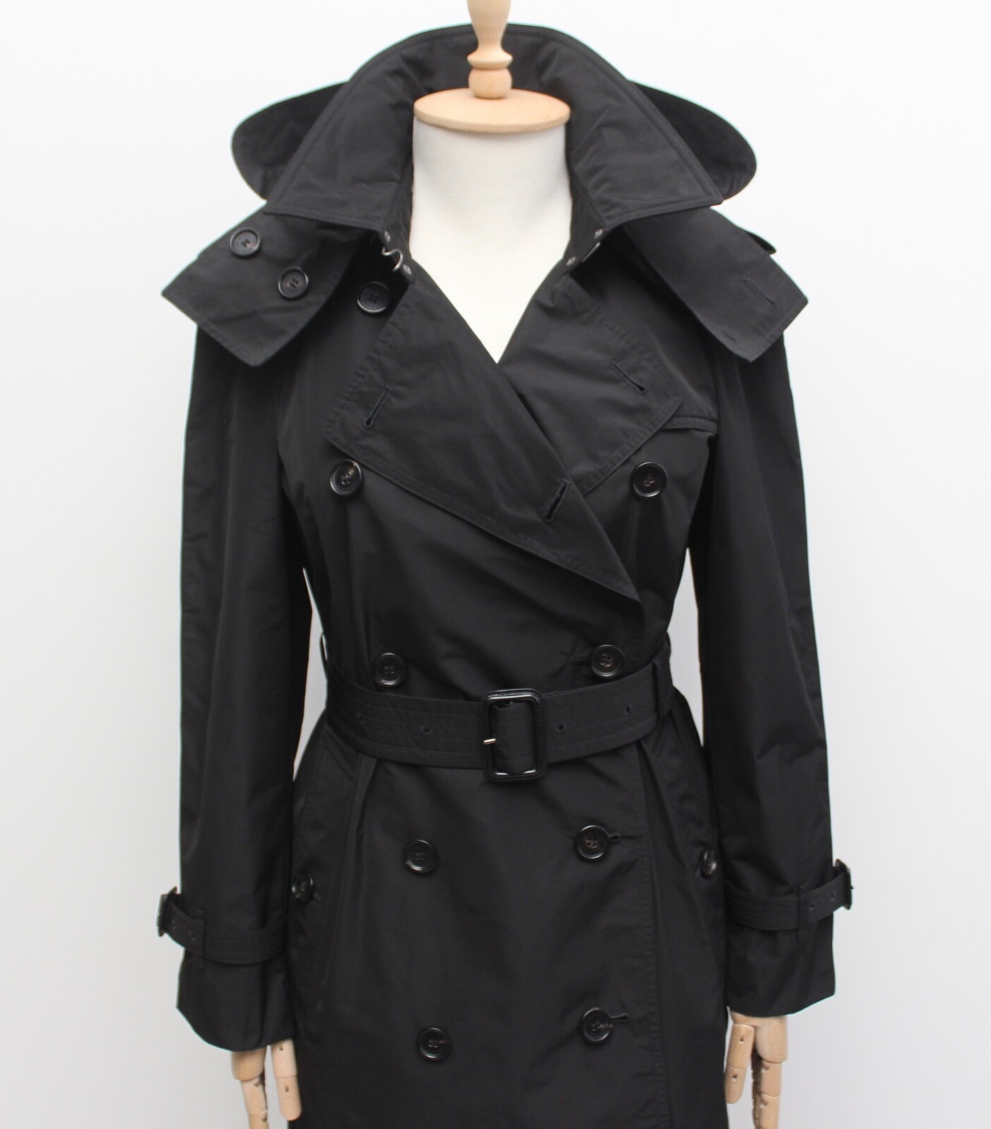 Women's BURBERRY London Amberford Trench Coat Hooded Black RARE US2 fits S image 3