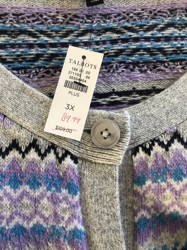 Talbots Sweater Women’s 3X Plus Purple Fair Isle Cardigan Cotton/Wool BL NWT - Picture 10 of 16