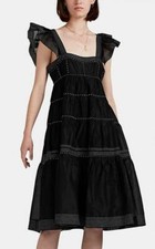 $545 ULLA JOHNSON Rosalie Embroidered Tiered Ruffle Flutter Sleeve Midi Dress 0