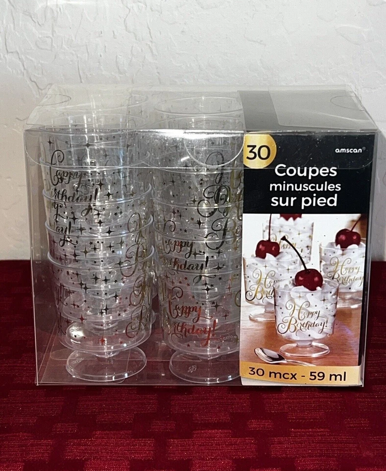 Copos minúsculos de pedestal “Feliz Aniversário” transparentes com ouro 30 unidades ~ 2 fl oz shot/sobremesa - Imagem 2 de 4