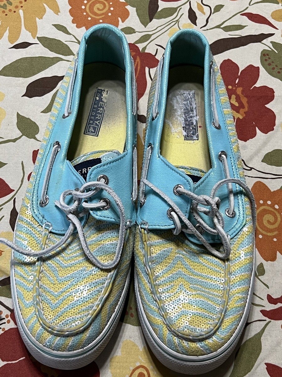 Sperry Top Sider Boat Shoes Womens 10M Sequin Zebra 9688912 Blue Yellow Low  Top